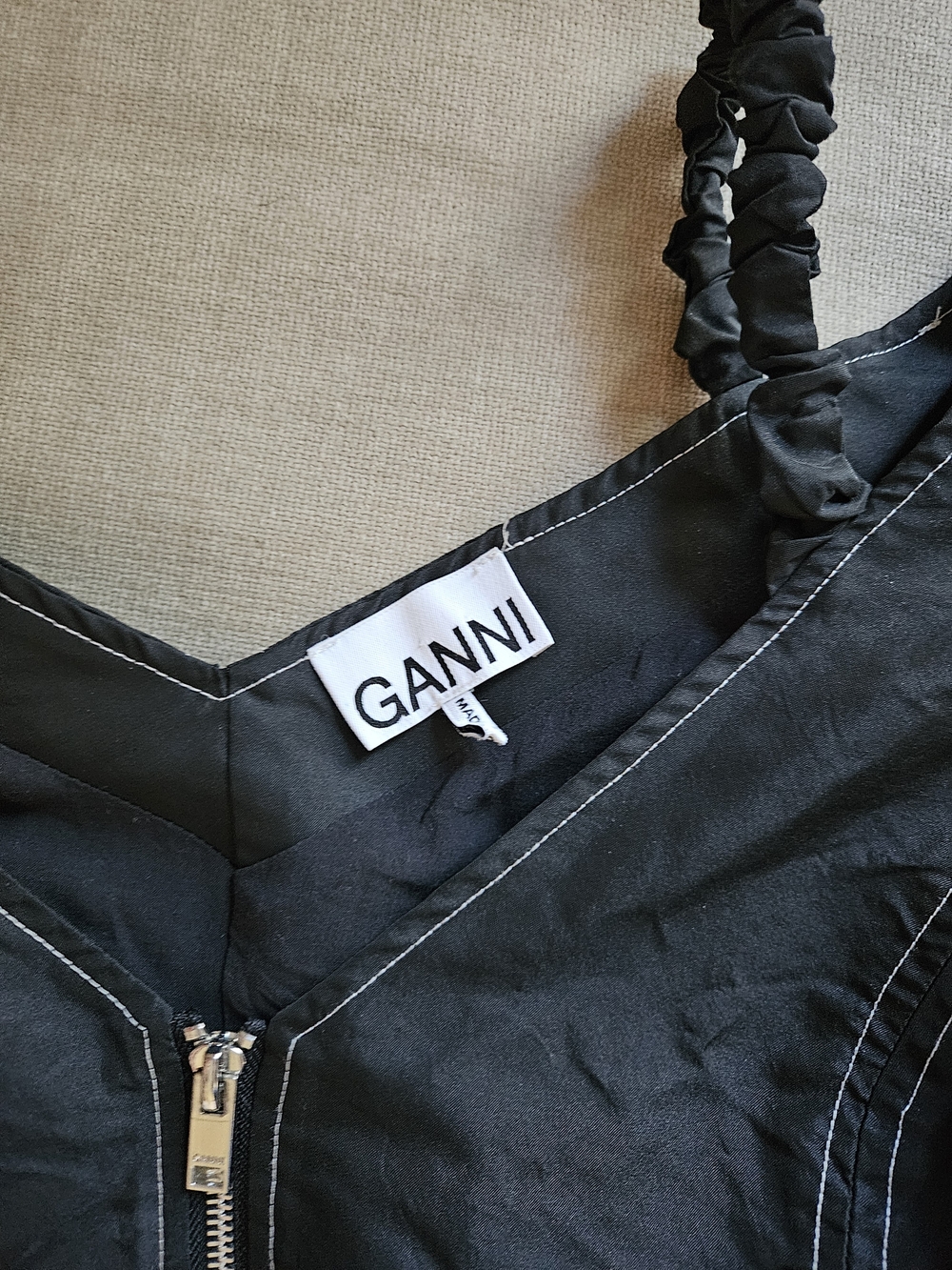 Ganni Puff-Sleeve Zip-Front Mini Dress in Black - Picture 2 of 12